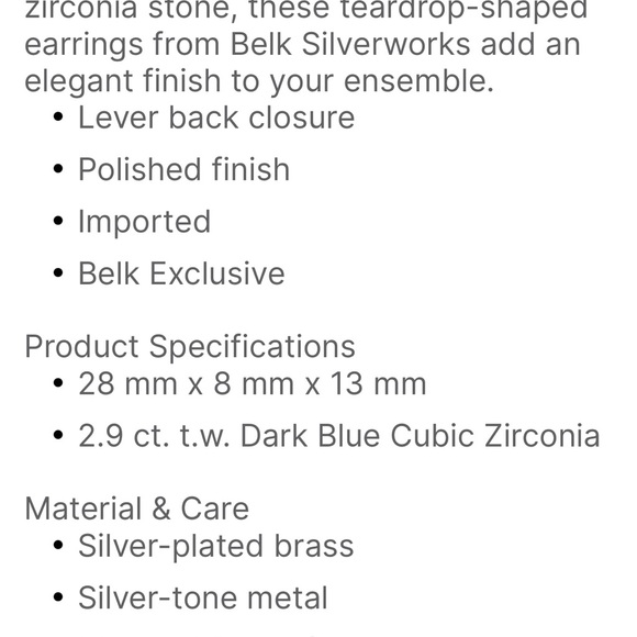 NWT Silverworks Teardrop shaped silver dark blue cubic zirconia stone earrings - Picture 3 of 7